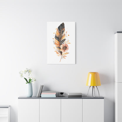 Feather & Bloom Canvas Wall Art — Neutral Boho Floral Feather Print