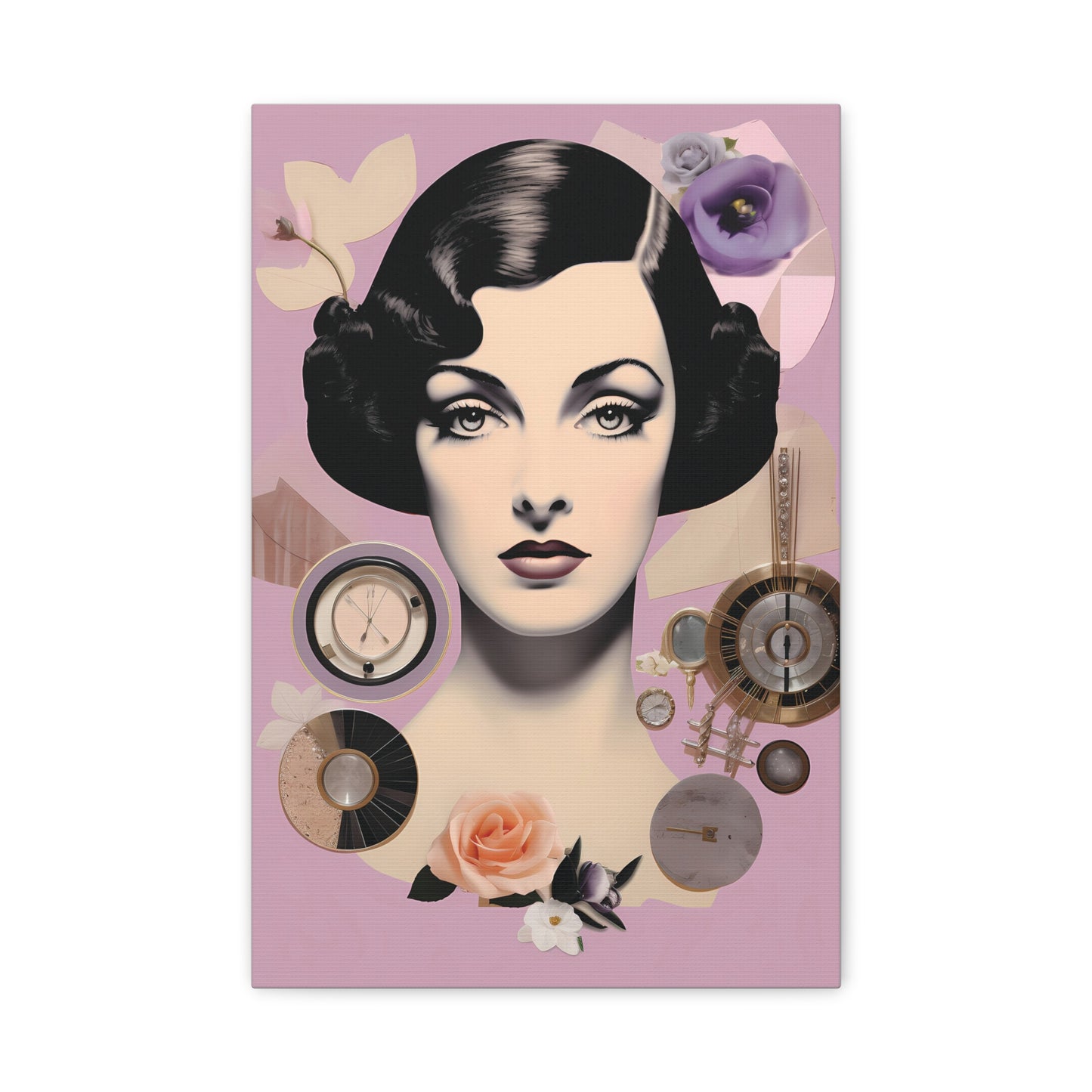Vintage Glam Portrait Canvas Print — Art Deco Woman on Pink Matte Stretched Canvas