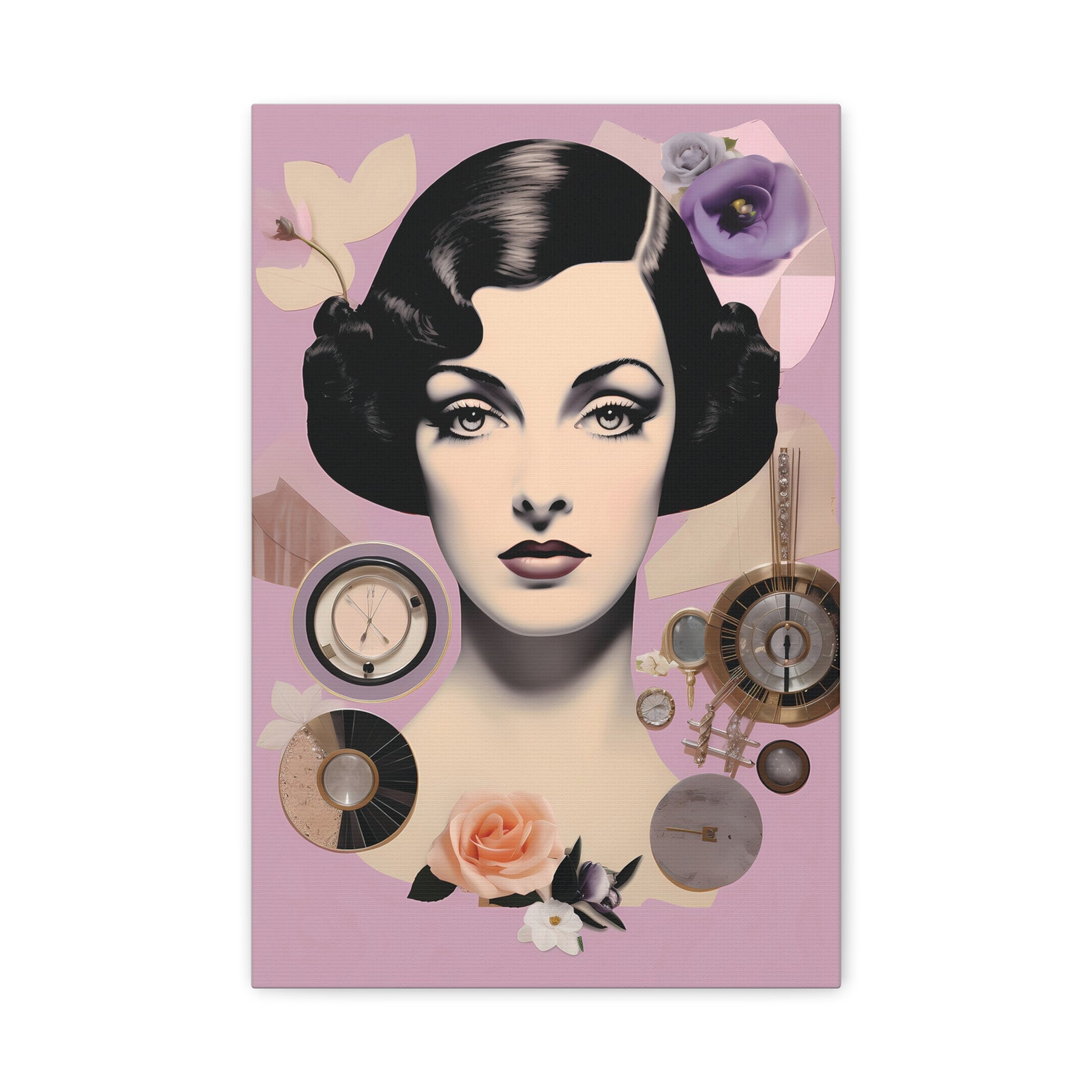 Vintage Glam Portrait Canvas Print — Art Deco Woman on Pink Matte Stretched Canvas