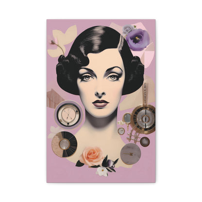 Vintage Glam Portrait Canvas Print — Art Deco Woman on Pink Matte Stretched Canvas