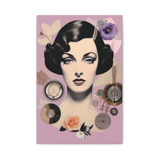 Vintage Glam Portrait Canvas Print — Art Deco Woman on Pink Matte Stretched Canvas