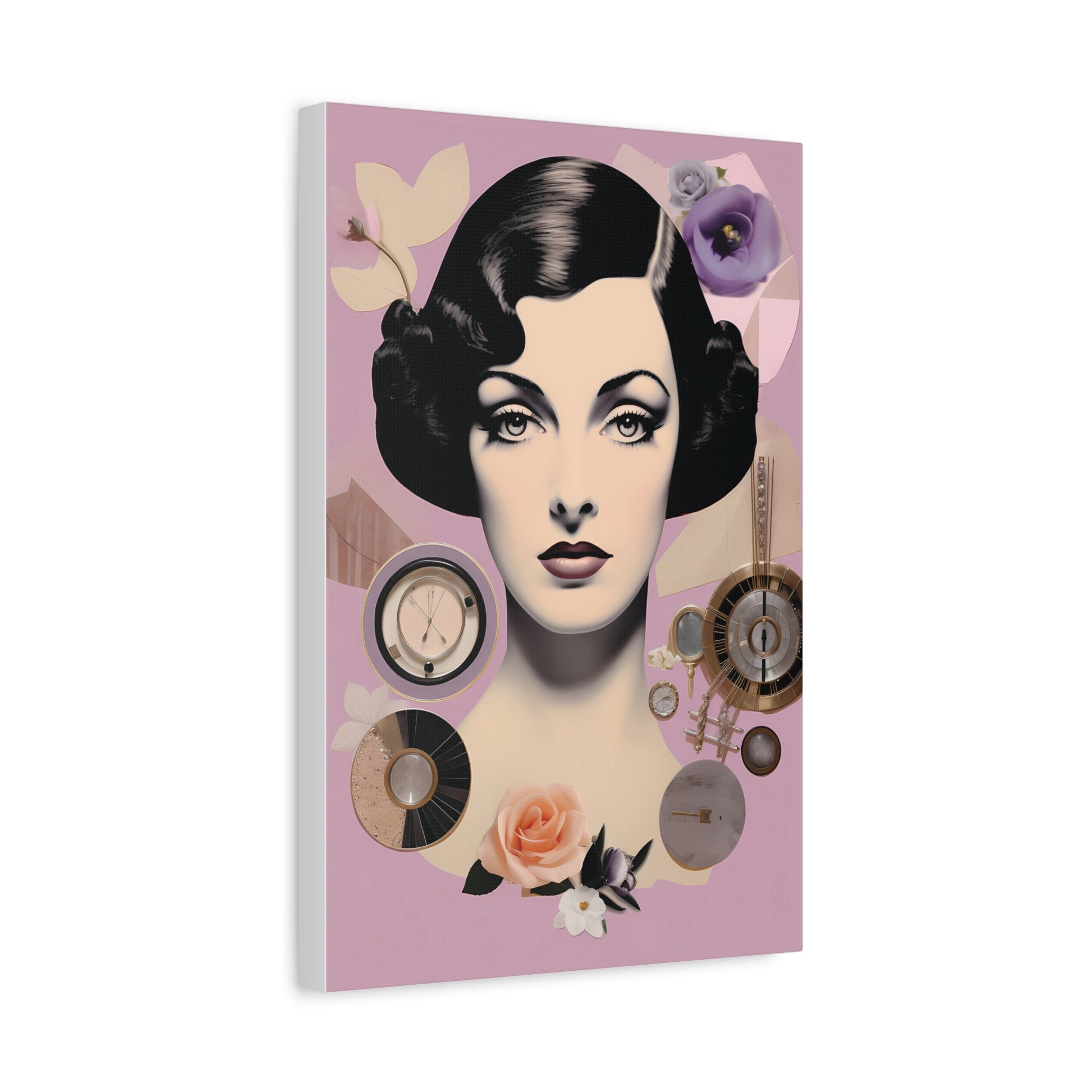 Vintage Glam Portrait Canvas Print — Art Deco Woman on Pink Matte Stretched Canvas