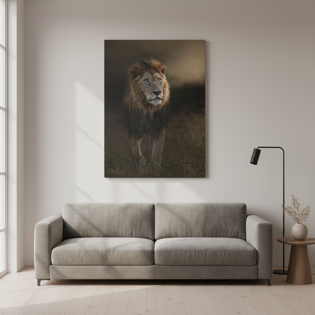 Under the Gathering Sky – Advancing Lion by Photographer Patsy Weingart