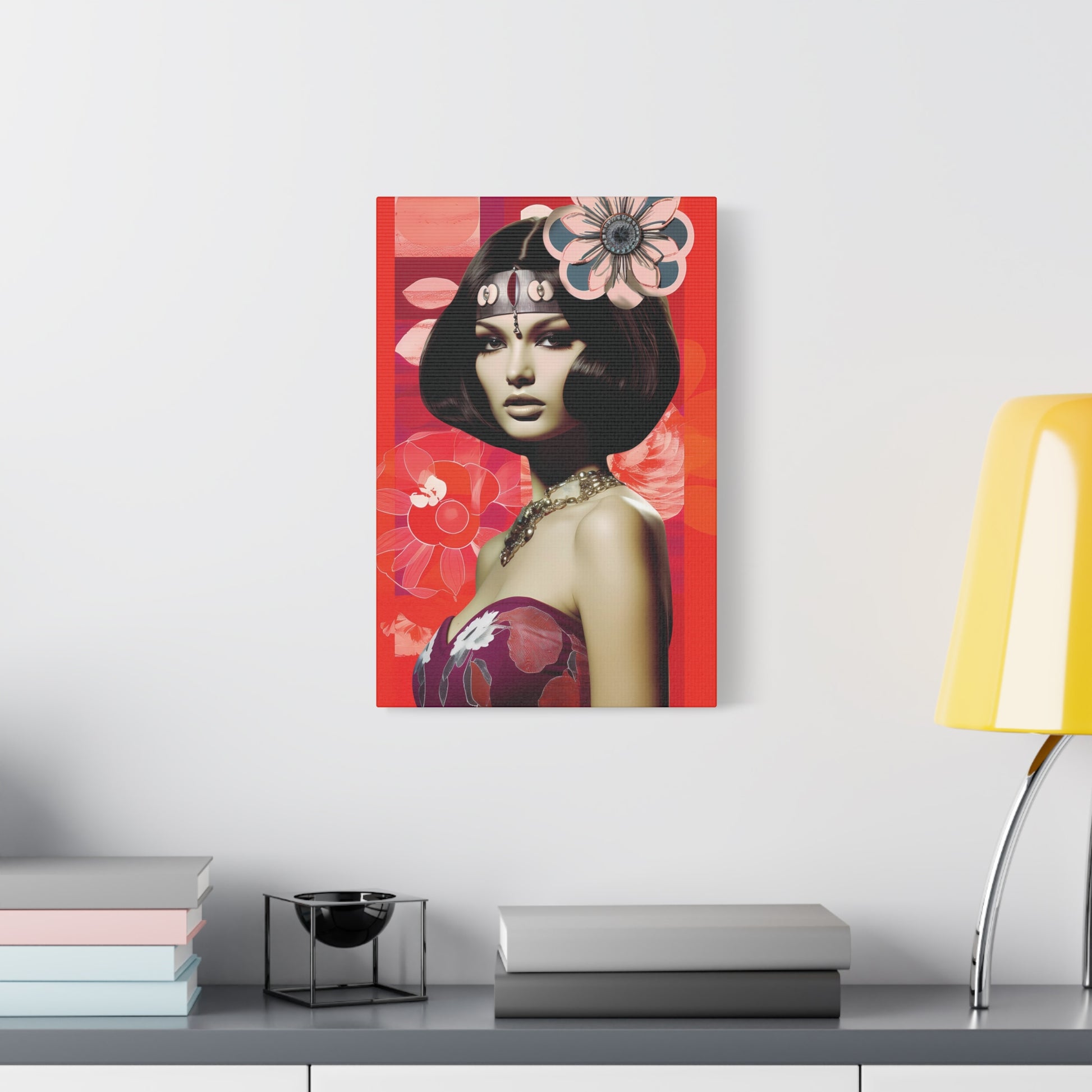 Retro Floral Portrait Canvas Wall Art — Glamorous 1960s-Inspired Woman on Red Matte Stretched Canvas