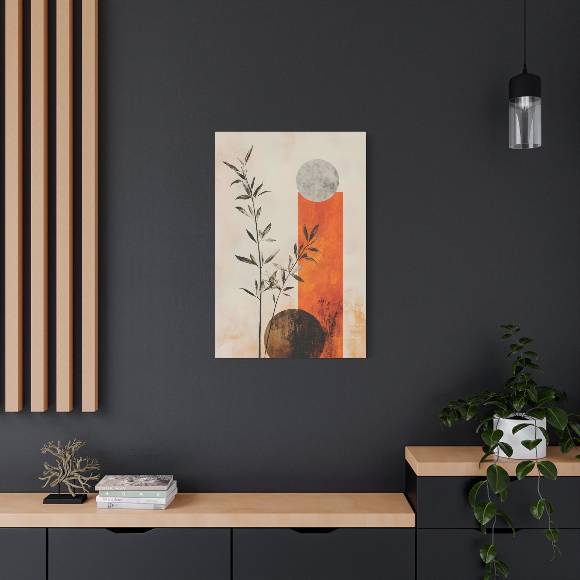 Abstract Botanical Canvas Print — Orange Geometric Sun & Moon Wall Art