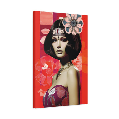 Retro Floral Portrait Canvas Wall Art — Glamorous 1960s-Inspired Woman on Red Matte Stretched Canvas