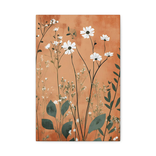 Daisy Meadow Matte Canvas Wall Art — Orange Botanical Stretched Canvas