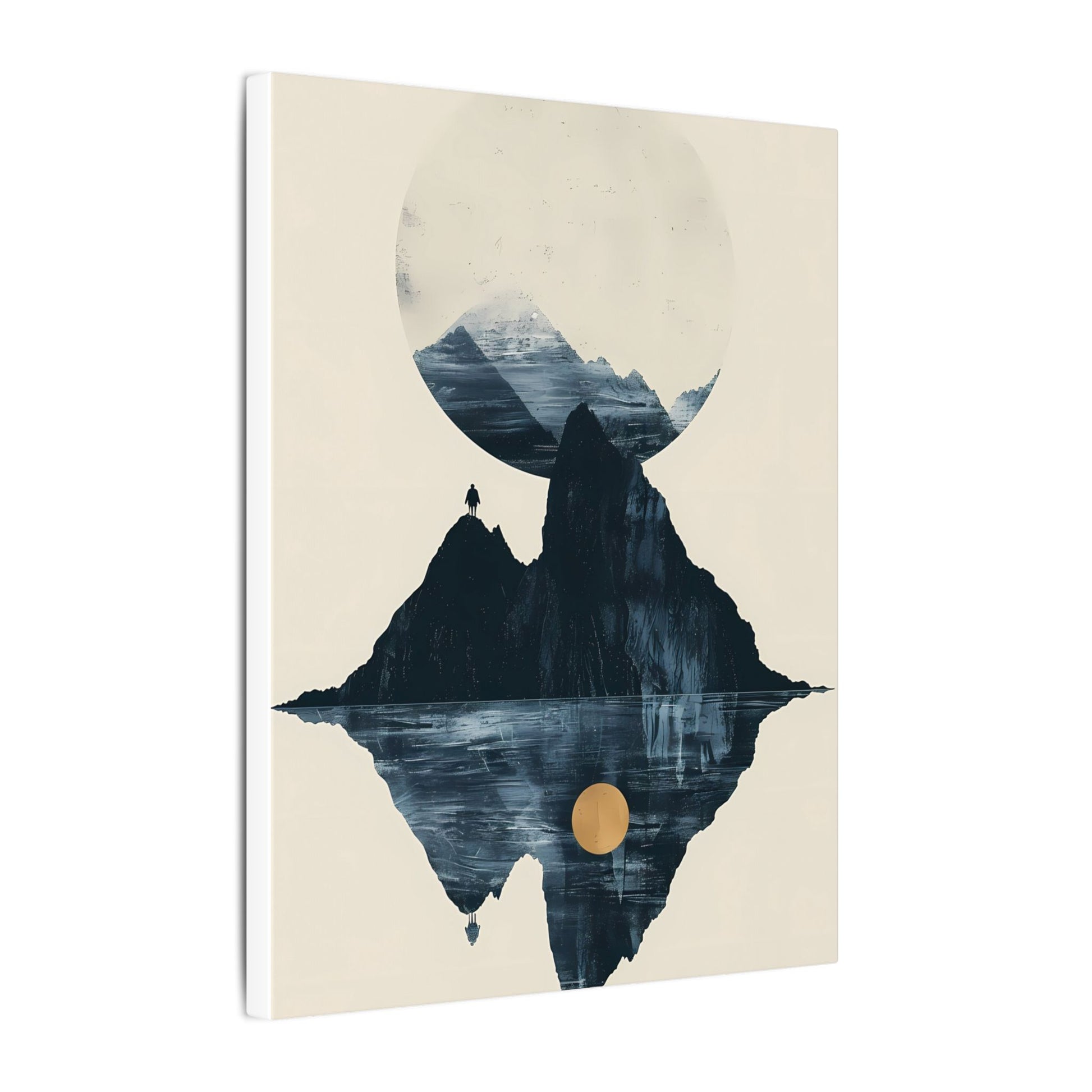 Modern Solitude Canvas Print: Mountain Reflection and Golden Sun