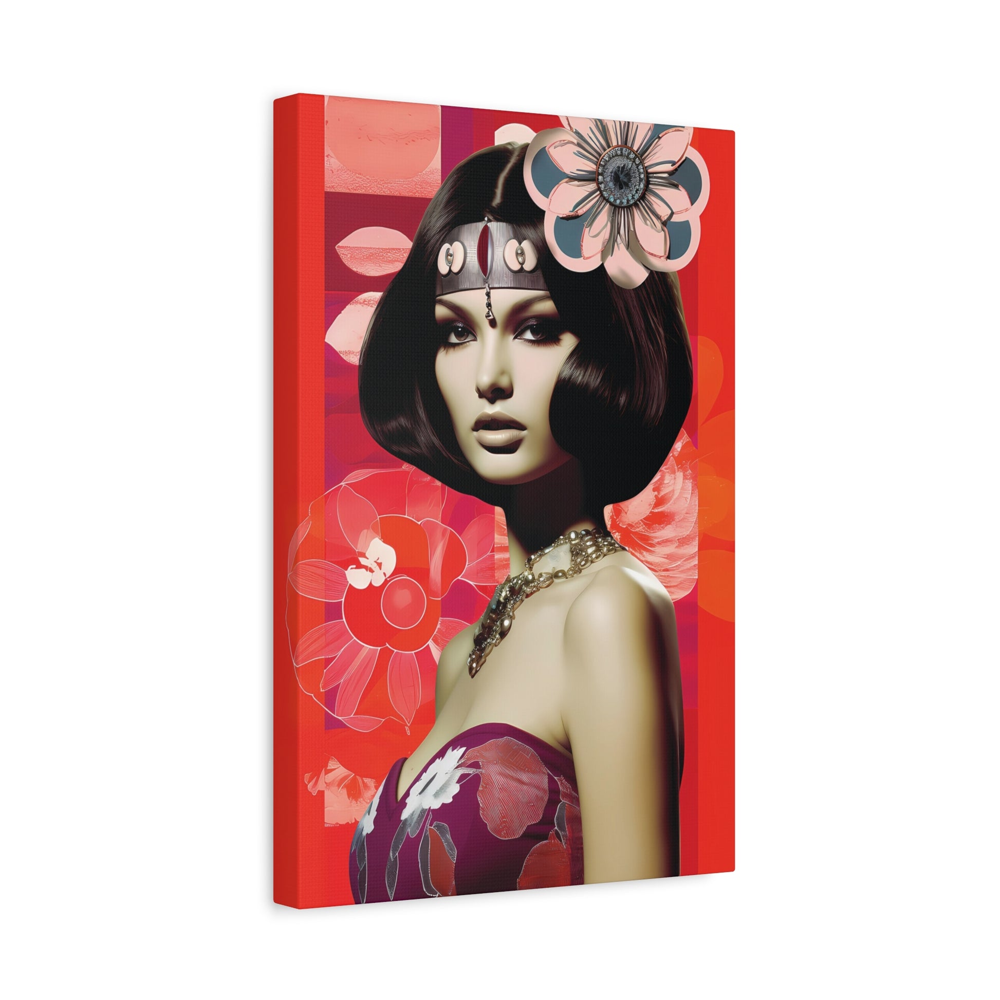 Retro Floral Portrait Canvas Wall Art — Glamorous 1960s-Inspired Woman on Red Matte Stretched Canvas