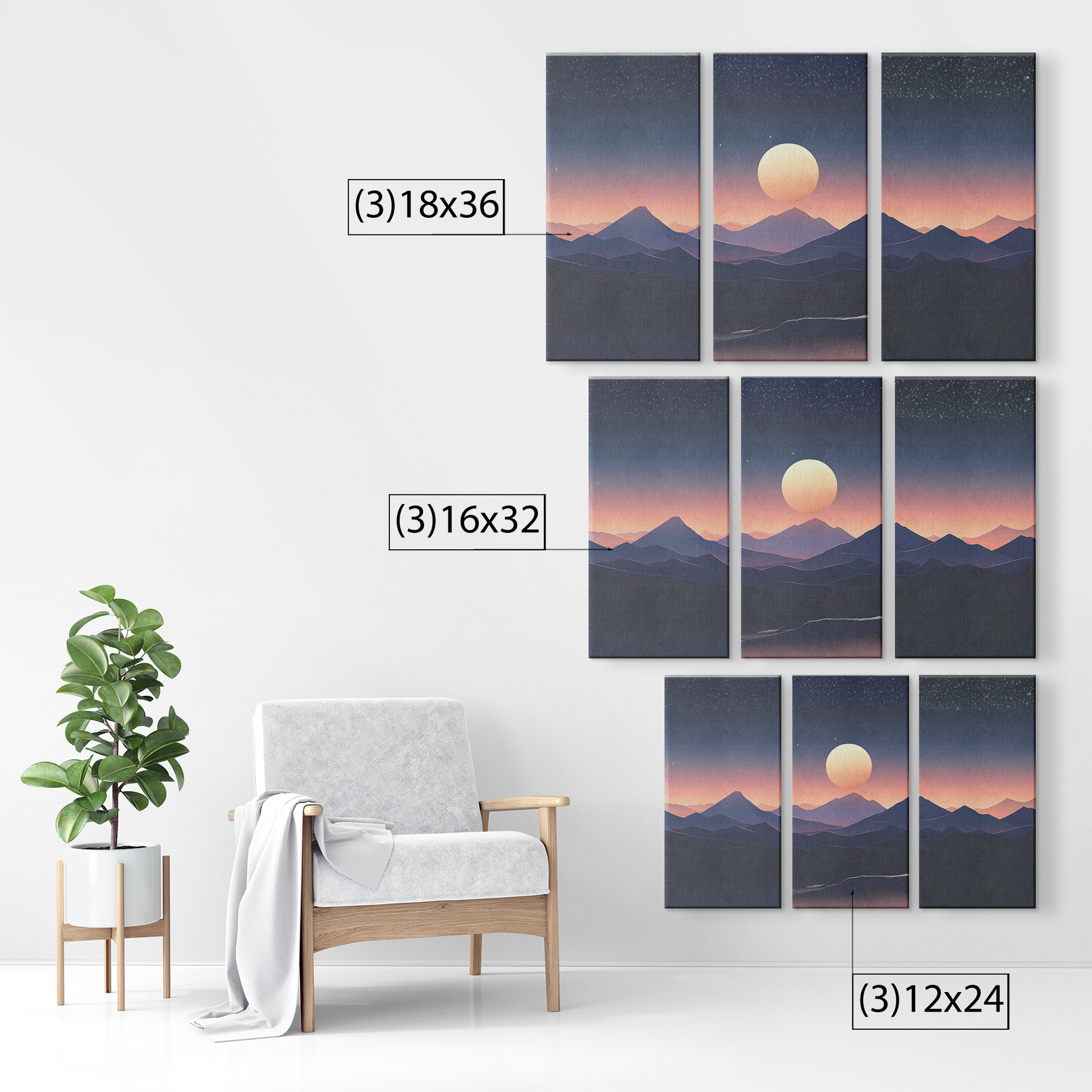 3 Piece Mountain Landscape At Sunset Art