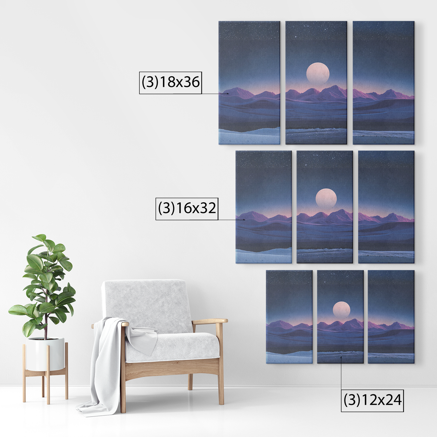 3 piece moonlit landscape Art