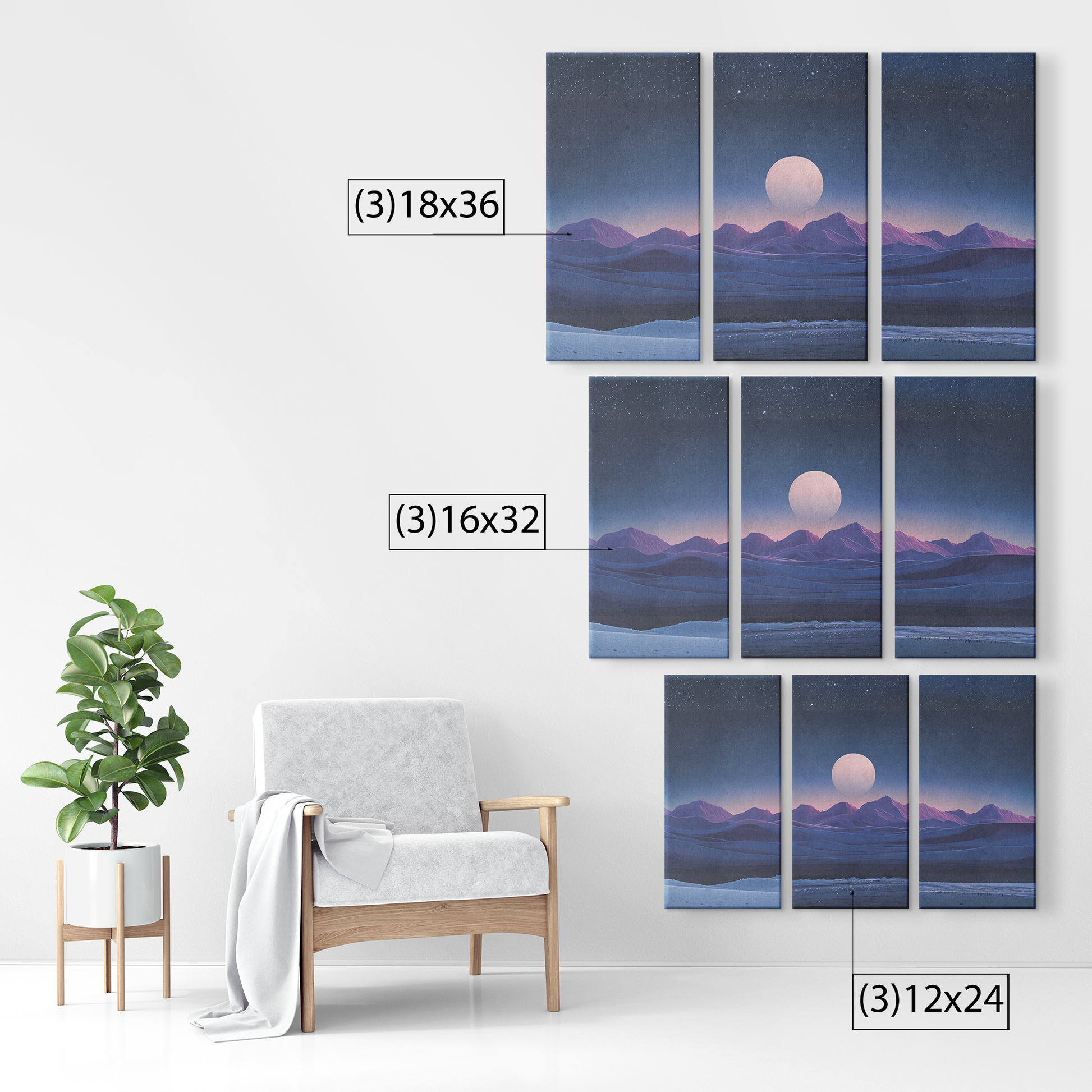 3 piece moonlit landscape Art