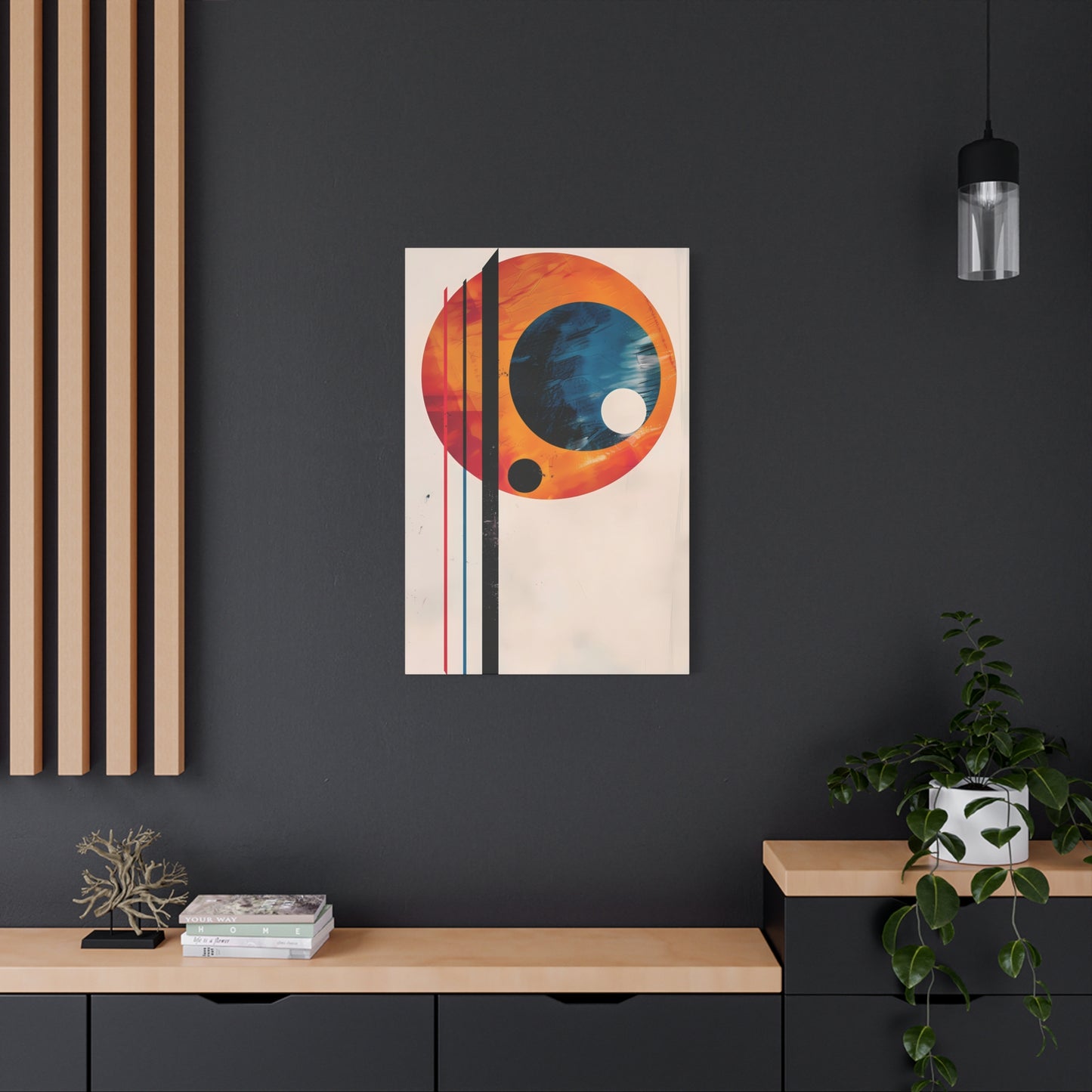 Abstract Geometric Canvas Art – Modern Retro Planet Print, Matte Stretched Canvas