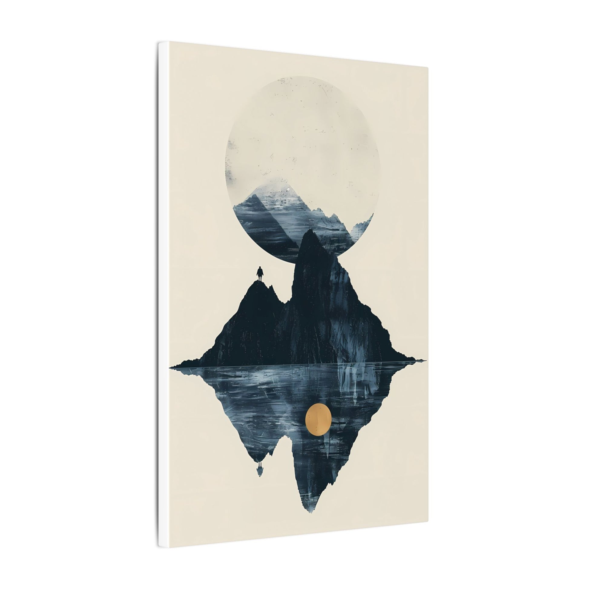 Modern Solitude Canvas Print: Mountain Reflection and Golden Sun