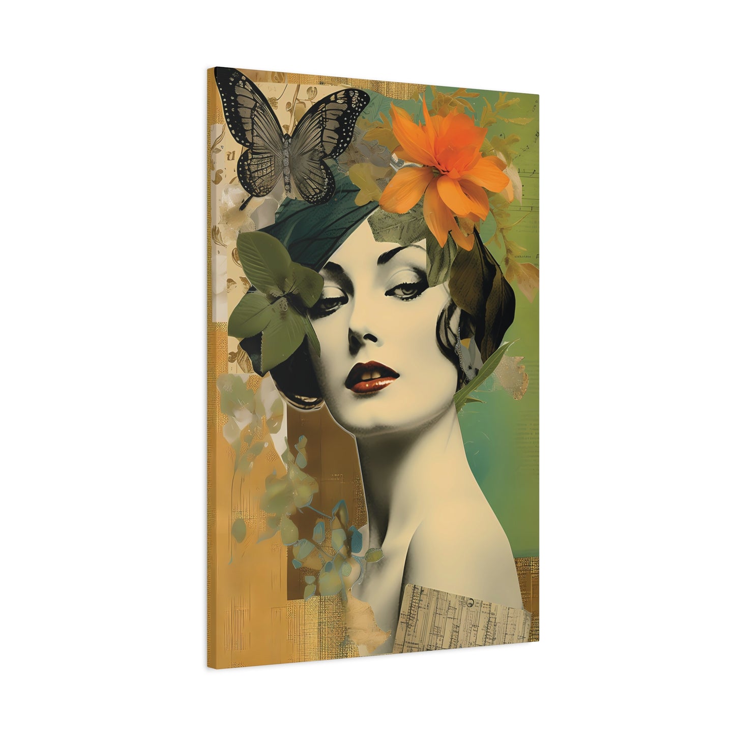 Vintage Floral Portrait Canvas Art – Elegant Woman with Butterflies