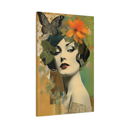 Vintage Floral Portrait Canvas Art – Elegant Woman with Butterflies