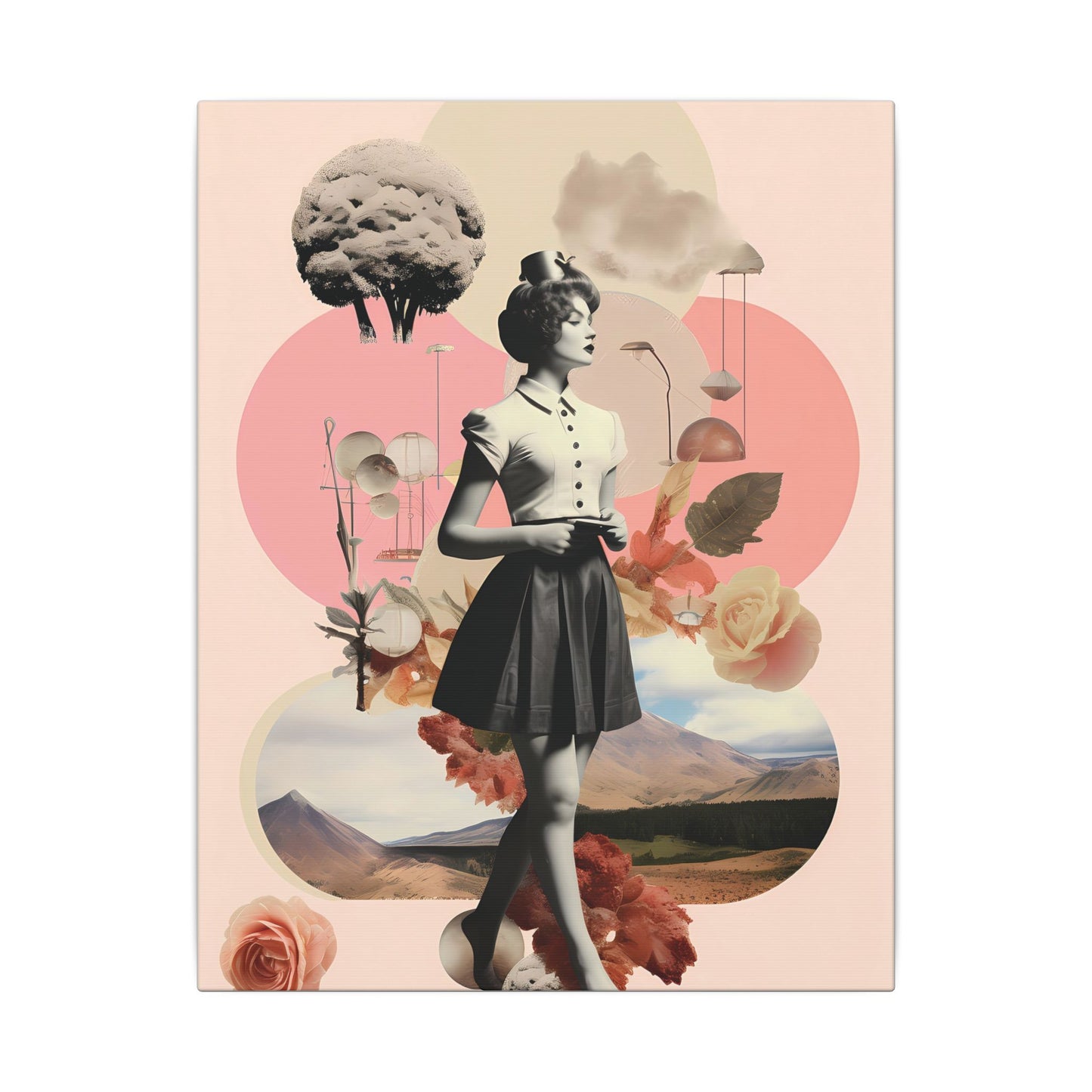 Vintage Ingenue Canvas Art: Surreal Pink Landscape Collage