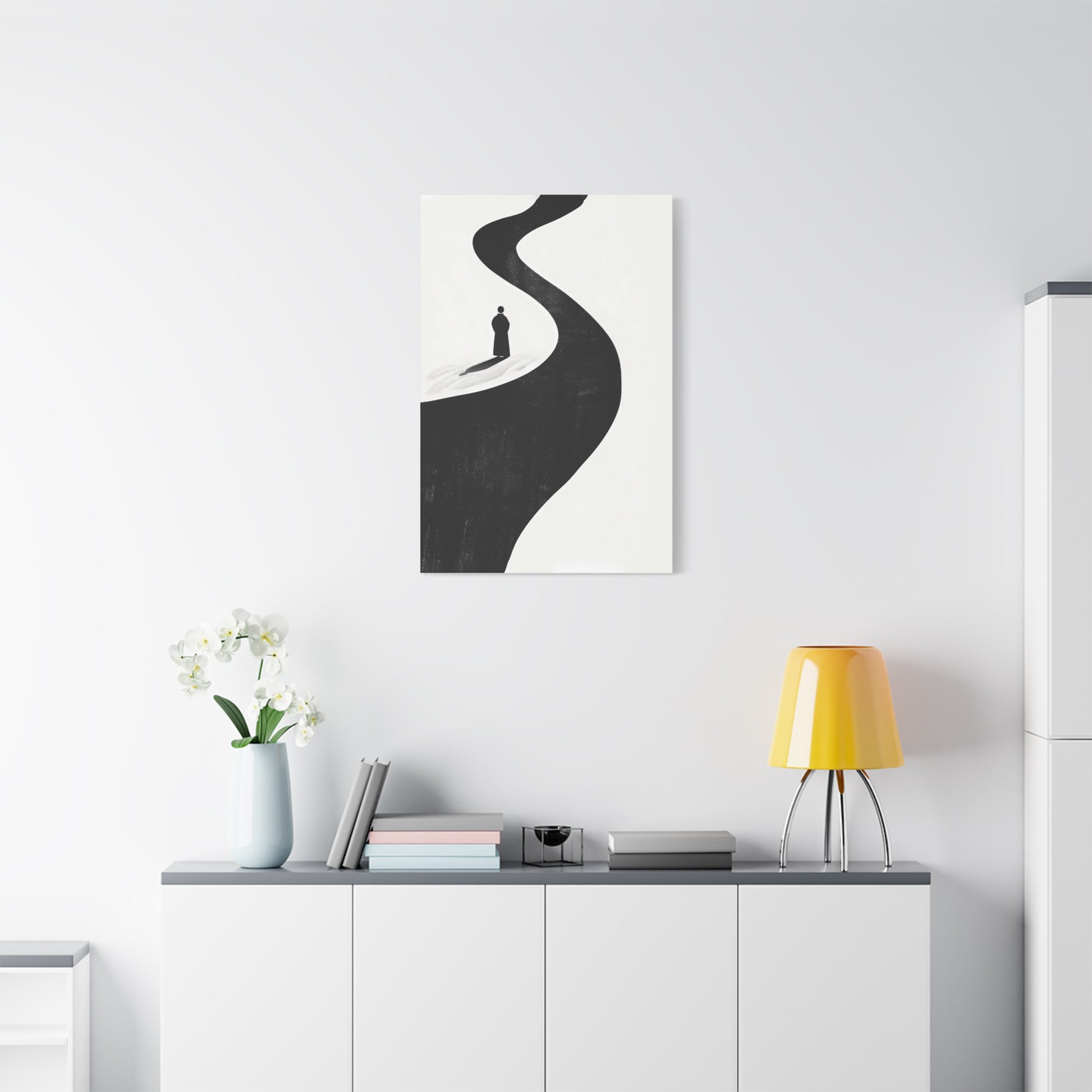 Minimalist Black & White Canvas Art — Solitary Figure on Winding Path