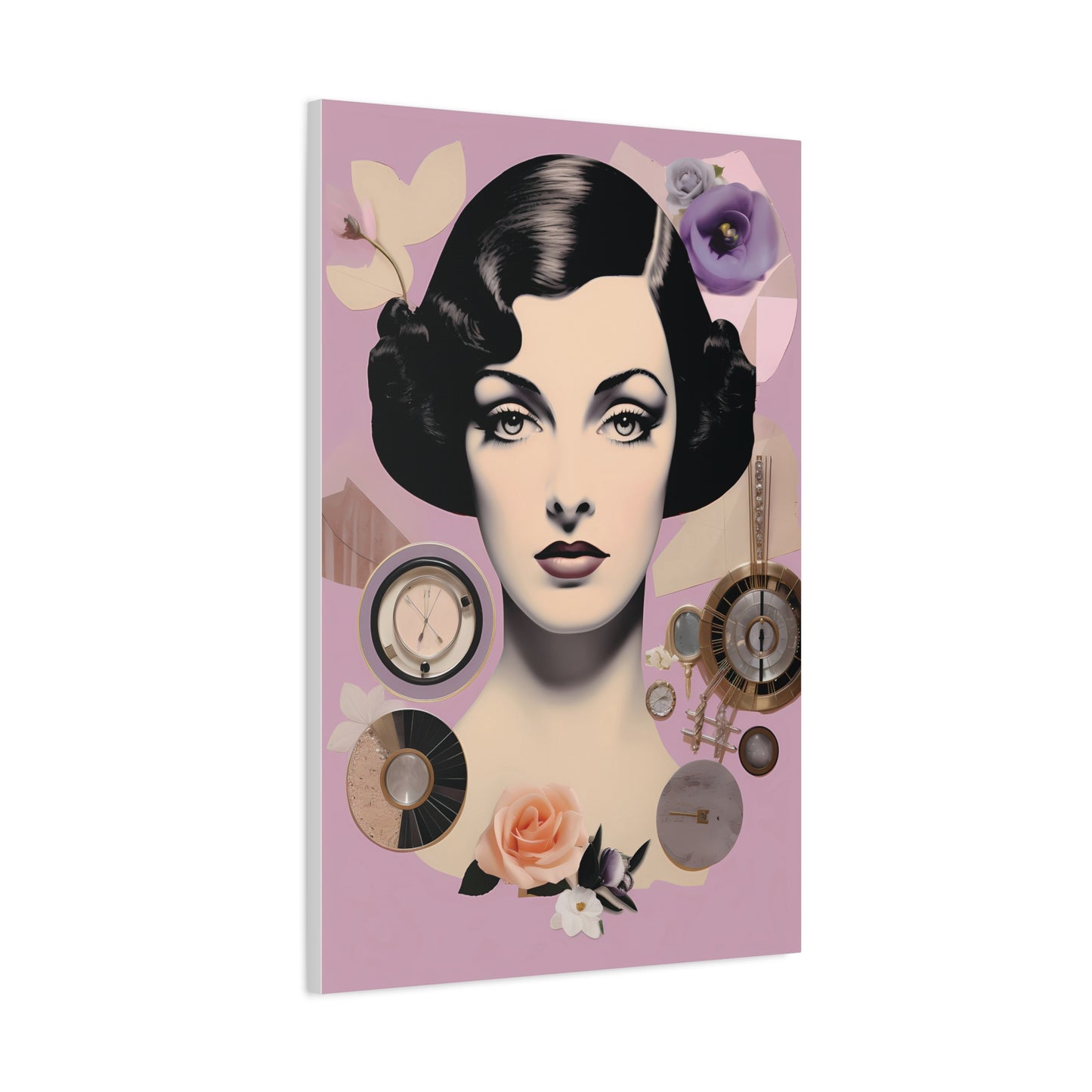 Vintage Glam Portrait Canvas Print — Art Deco Woman on Pink Matte Stretched Canvas
