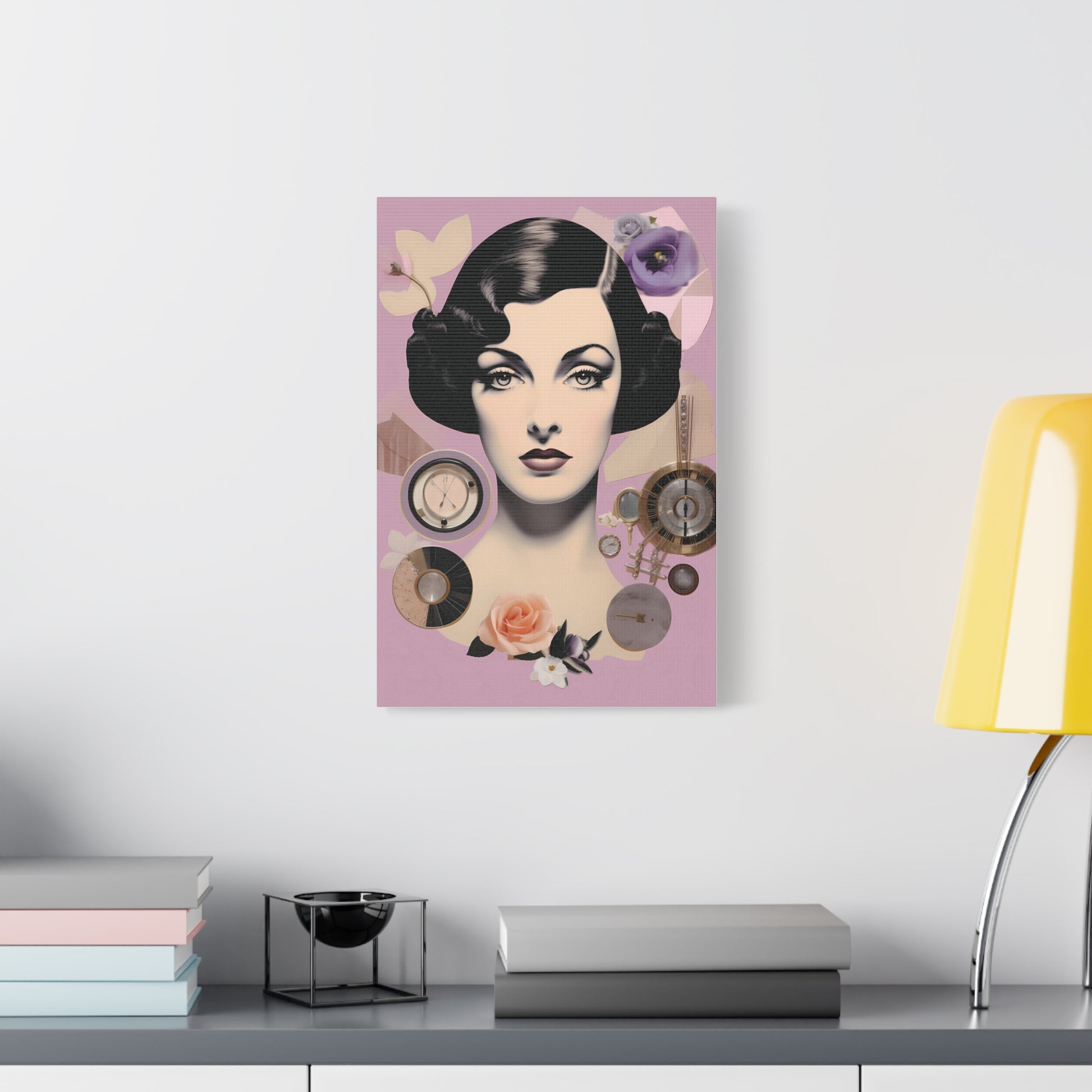 Vintage Glam Portrait Canvas Print — Art Deco Woman on Pink Matte Stretched Canvas