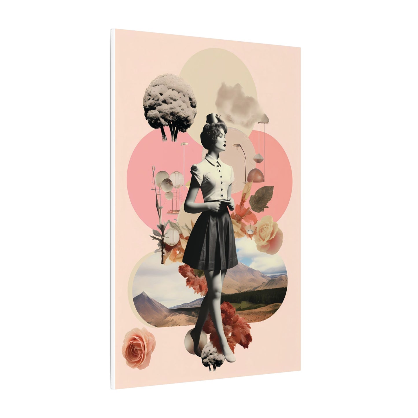 Vintage Ingenue Canvas Art: Surreal Pink Landscape Collage