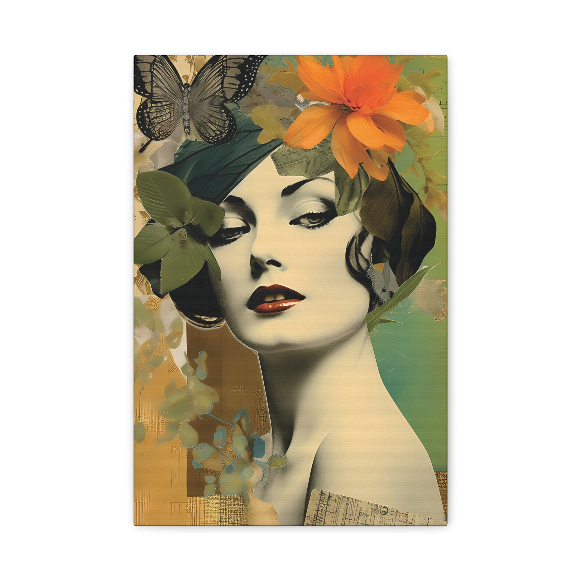 Vintage Floral Portrait Canvas Art – Elegant Woman with Butterflies