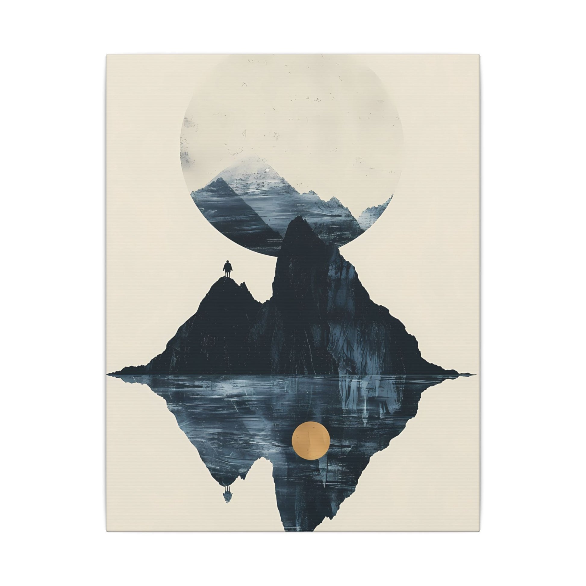 Modern Solitude Canvas Print: Mountain Reflection and Golden Sun