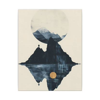 Modern Solitude Canvas Print: Mountain Reflection and Golden Sun