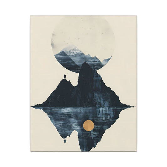 Modern Solitude Canvas Print: Mountain Reflection and Golden Sun