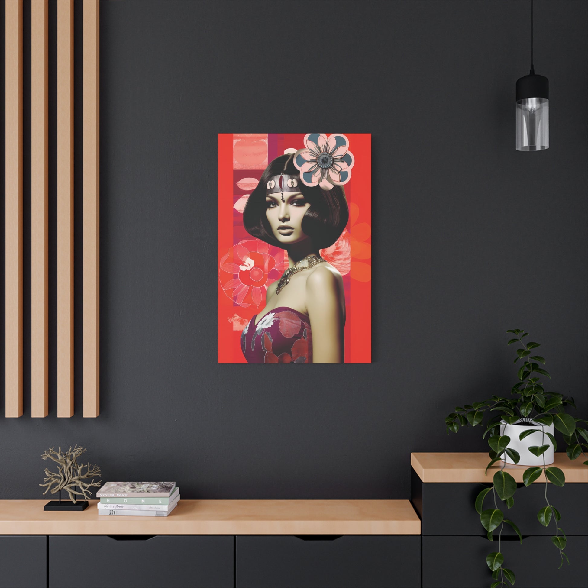 Retro Floral Portrait Canvas Wall Art — Glamorous 1960s-Inspired Woman on Red Matte Stretched Canvas