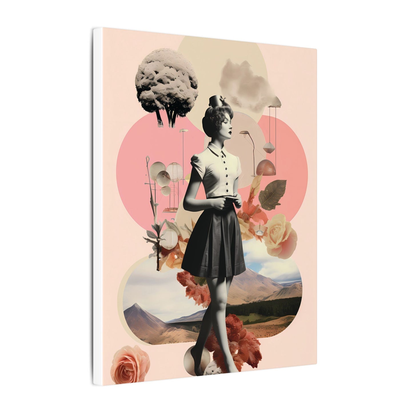 Vintage Ingenue Canvas Art: Surreal Pink Landscape Collage