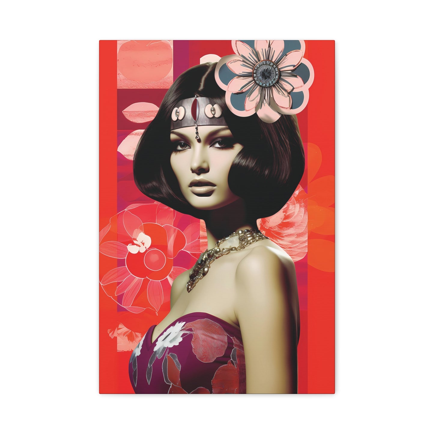 Retro Floral Portrait Canvas Wall Art — Glamorous 1960s-Inspired Woman on Red Matte Stretched Canvas