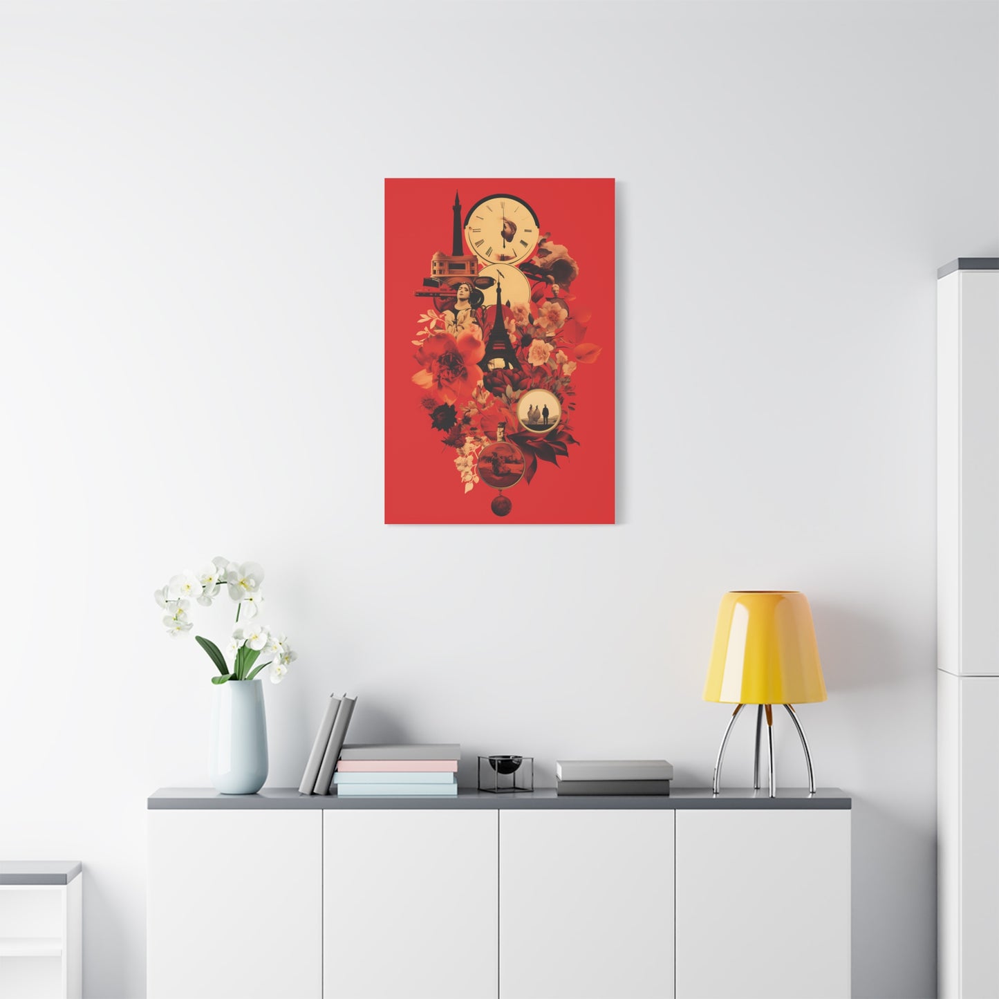 Red Floral Paris Wall Art, Vintage Travel Canvas Print