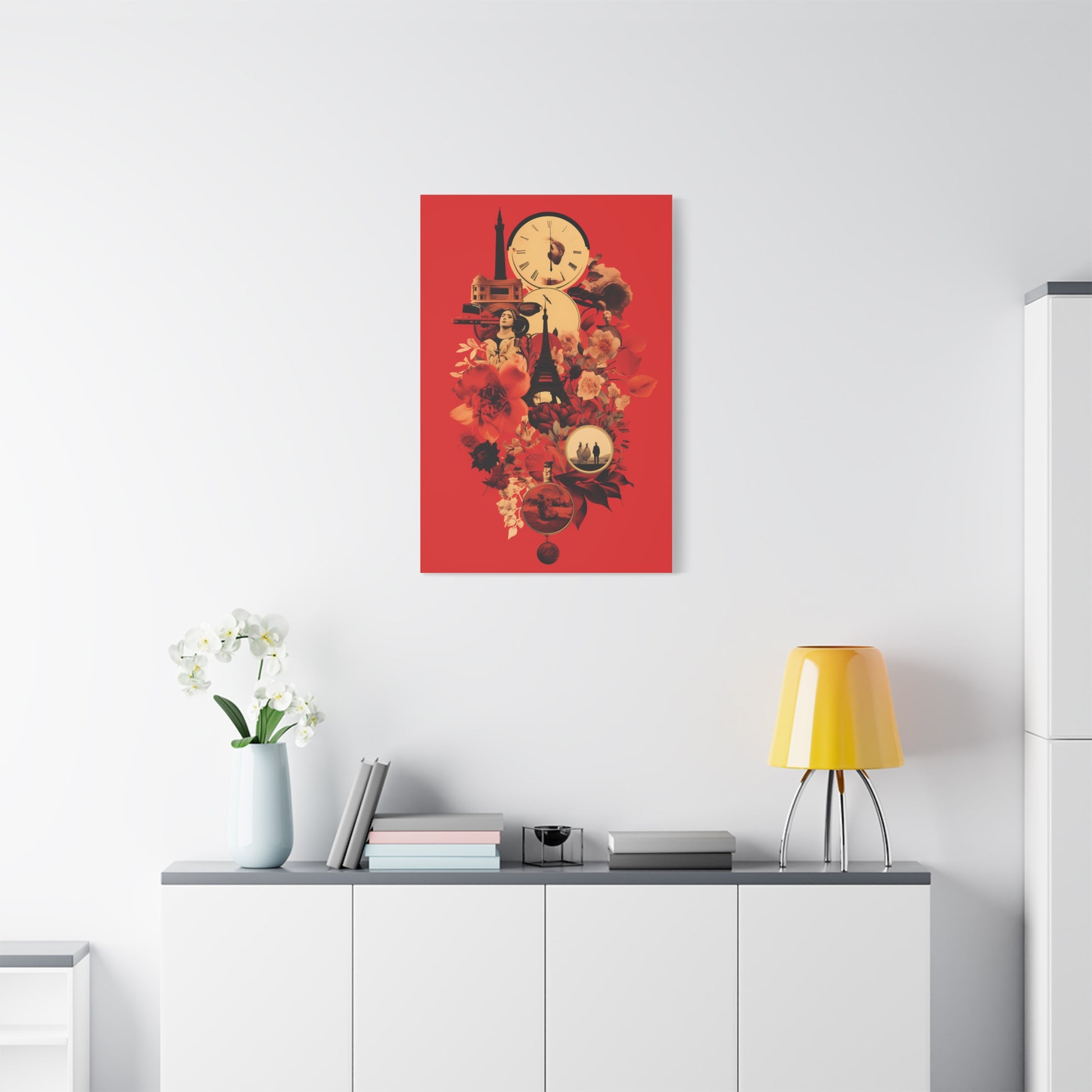 Red Floral Paris Wall Art, Vintage Travel Canvas Print