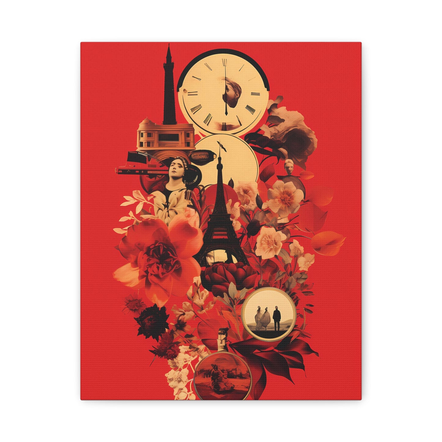 Red Floral Paris Wall Art, Vintage Travel Canvas Print