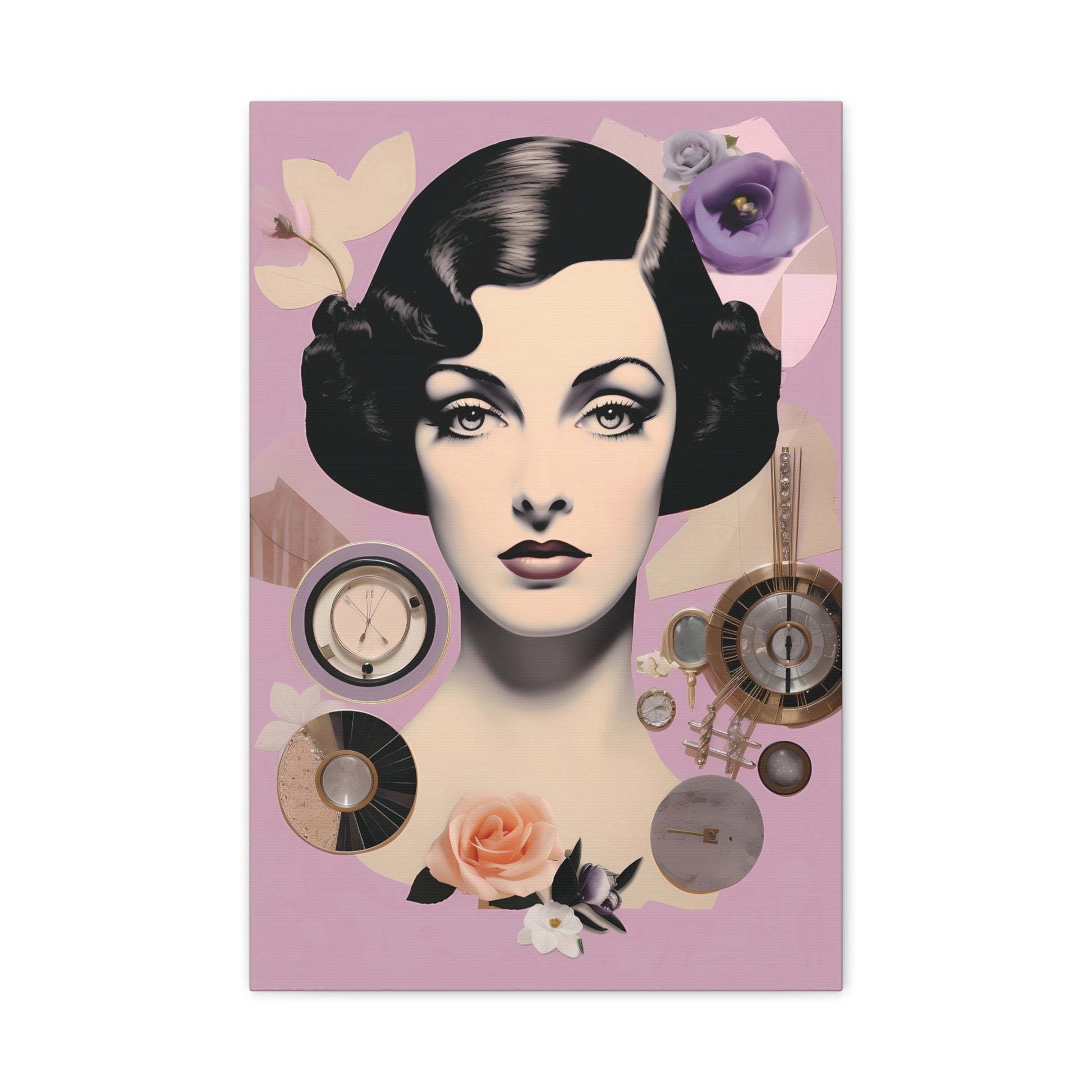 Vintage Glam Portrait Canvas Print — Art Deco Woman on Pink Matte Stretched Canvas