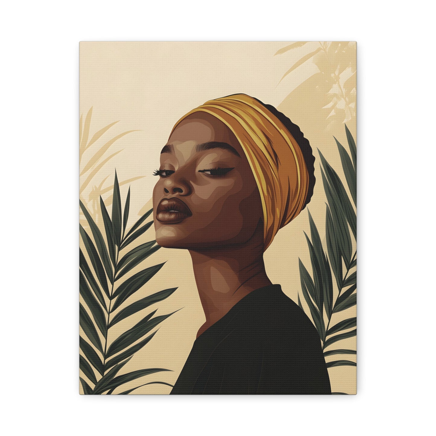 Modern Afrocentric Portrait Canvas — Elegant Woman with Headwrap Matte Stretched Print