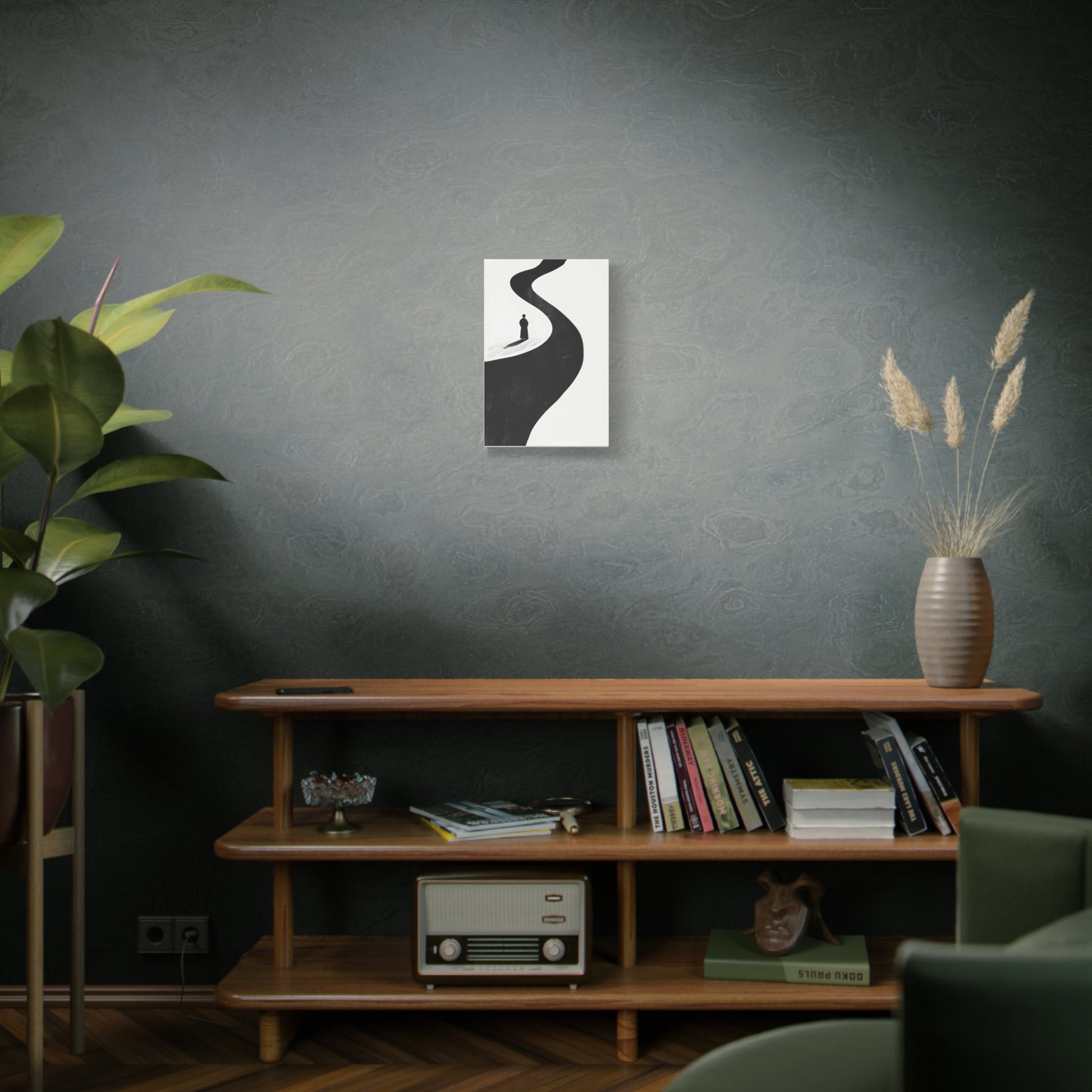 Minimalist Black & White Canvas Art — Solitary Figure on Winding Path