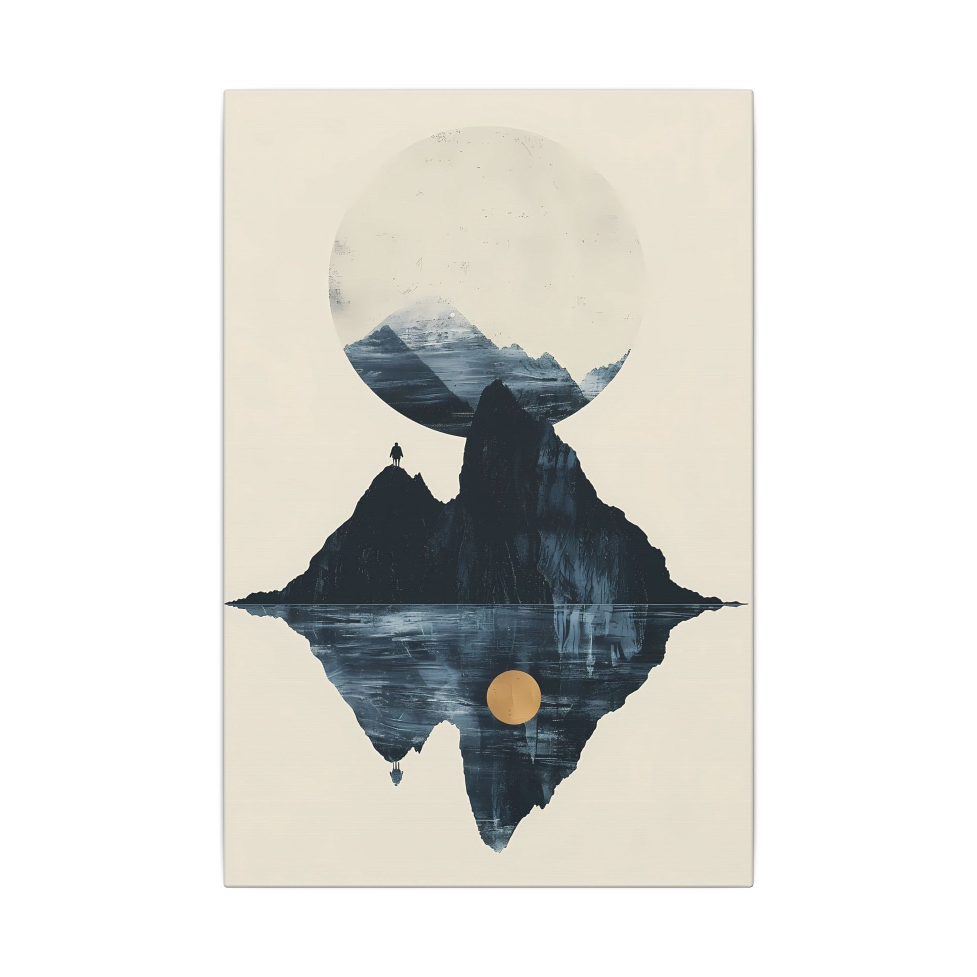 Modern Solitude Canvas Print: Mountain Reflection and Golden Sun