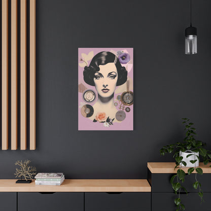 Vintage Glam Portrait Canvas Print — Art Deco Woman on Pink Matte Stretched Canvas