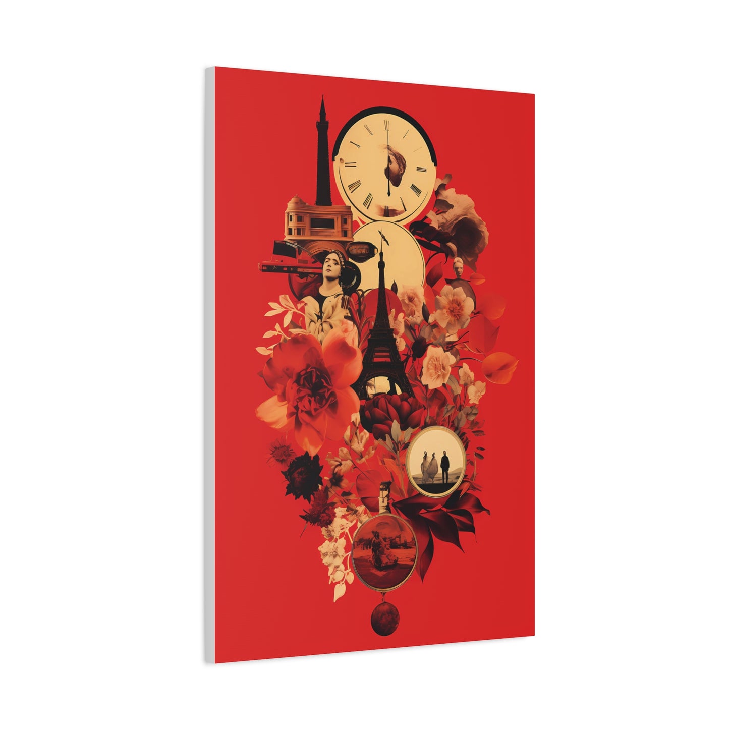 Red Floral Paris Wall Art, Vintage Travel Canvas Print