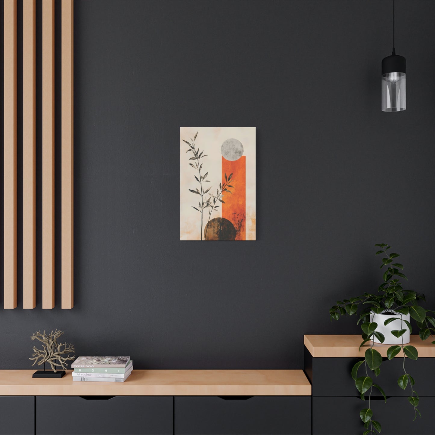 Abstract Botanical Canvas Print — Orange Geometric Sun & Moon Wall Art