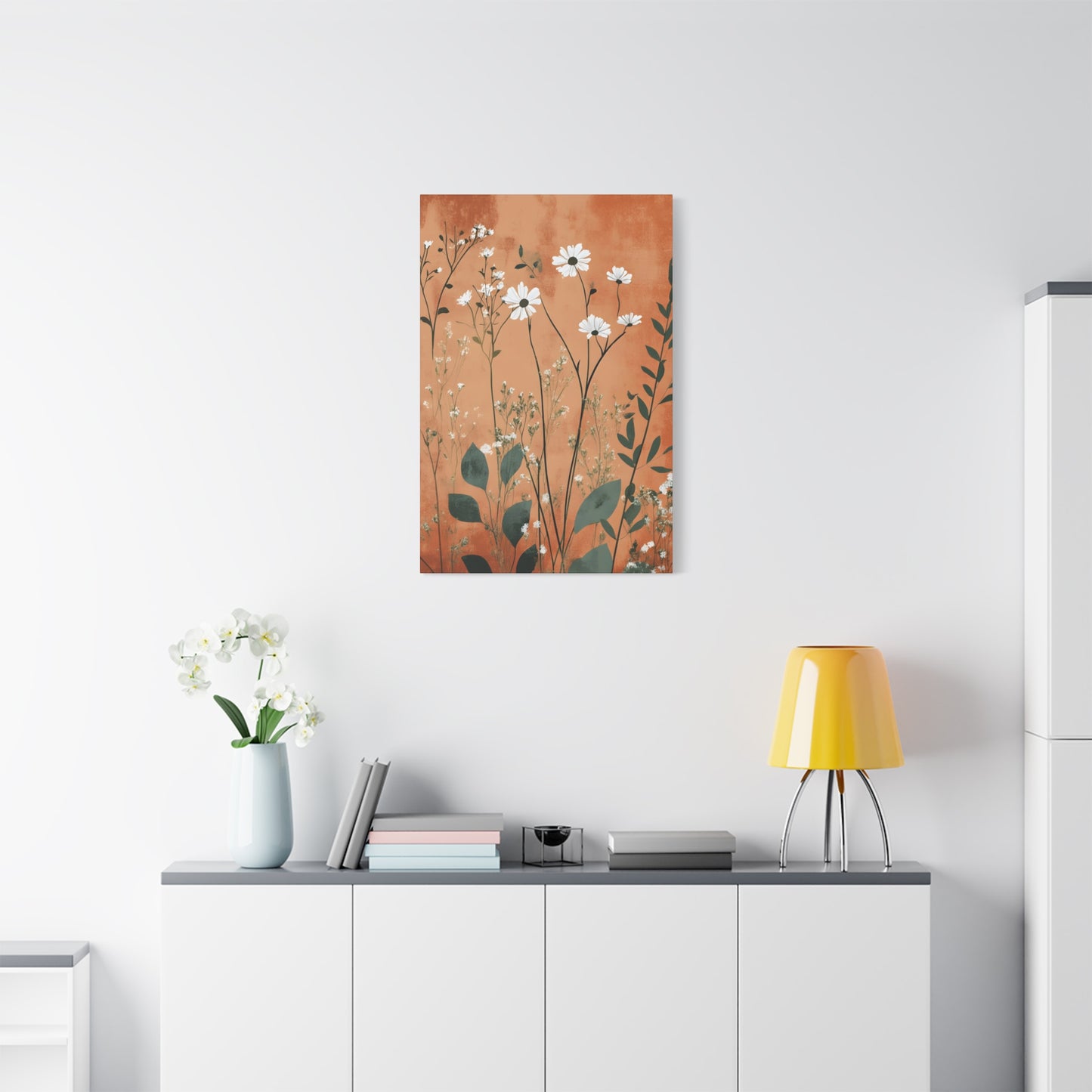 Daisy Meadow Matte Canvas Wall Art — Orange Botanical Stretched Canvas