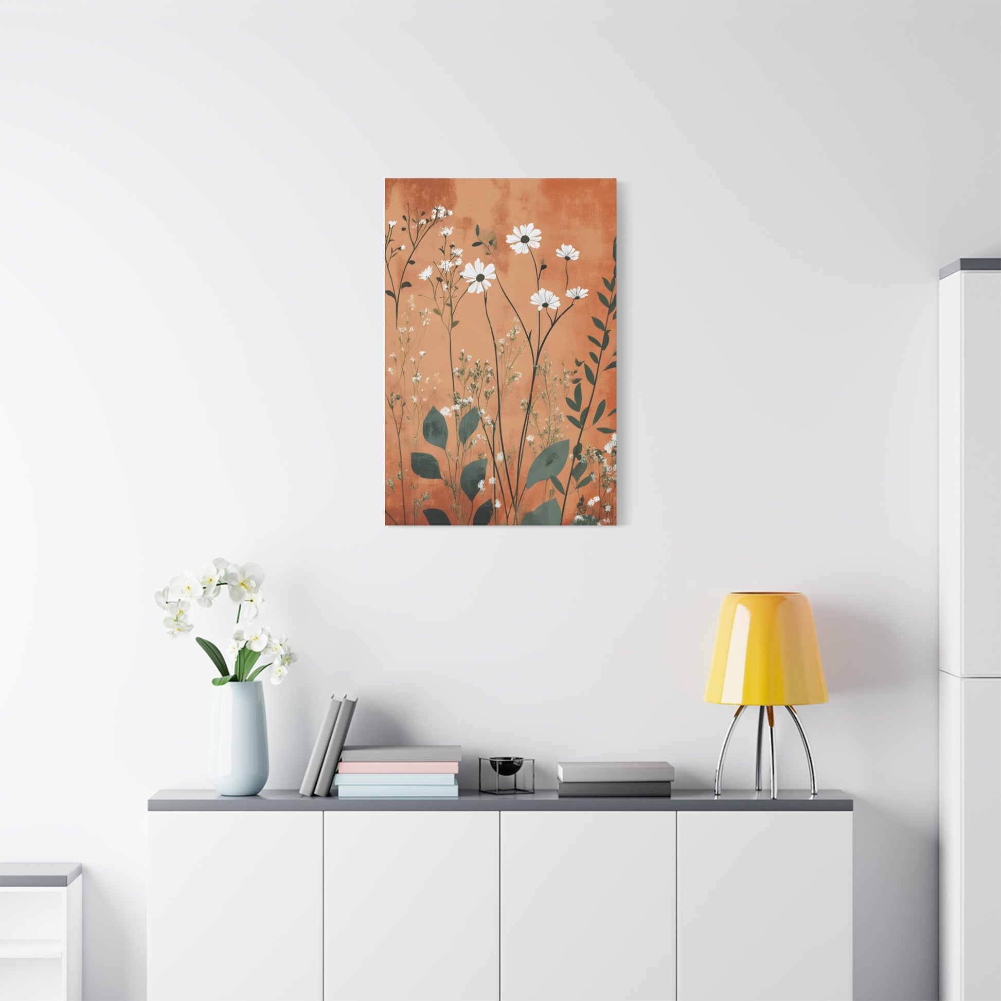 Daisy Meadow Matte Canvas Wall Art — Orange Botanical Stretched Canvas