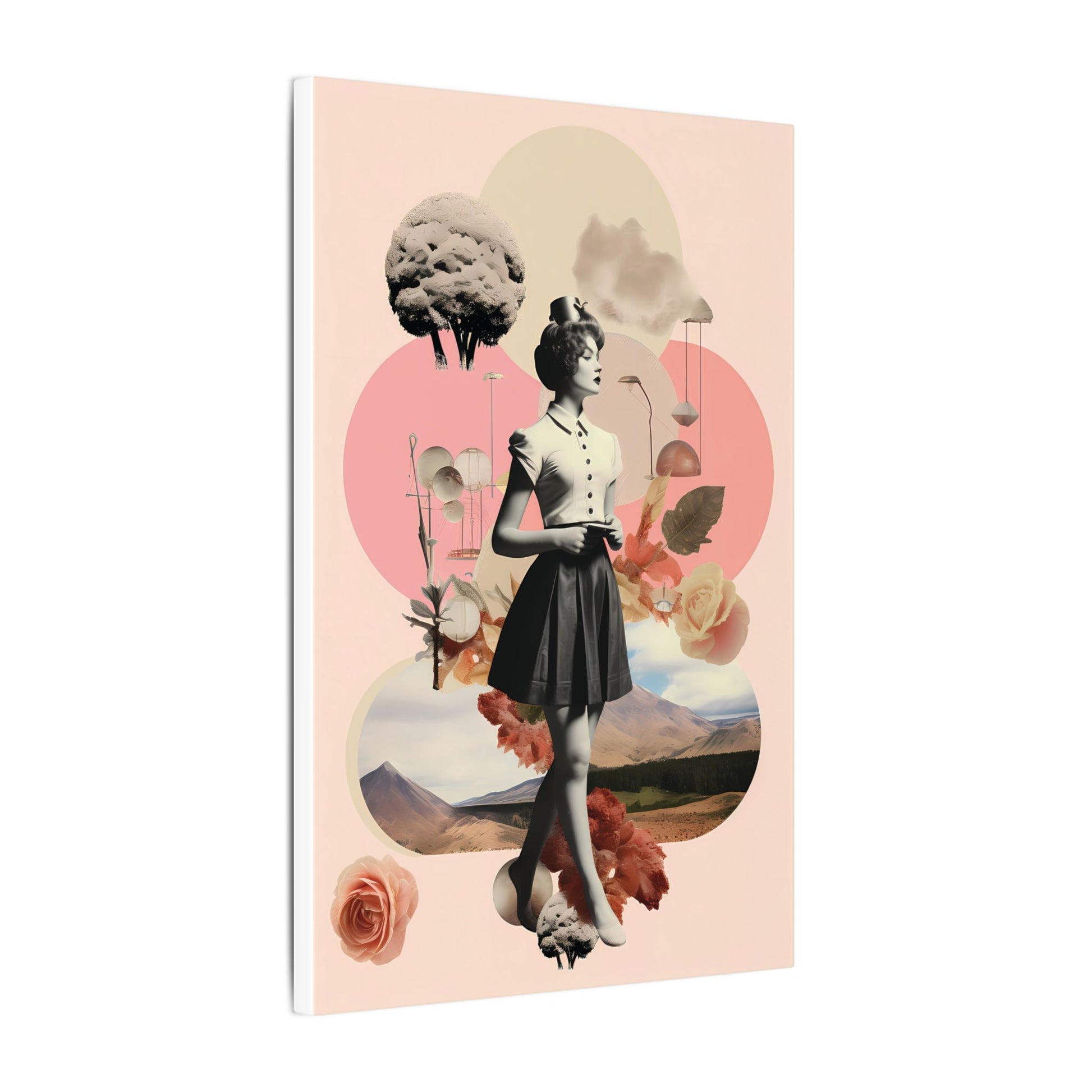 Vintage Ingenue Canvas Art: Surreal Pink Landscape Collage