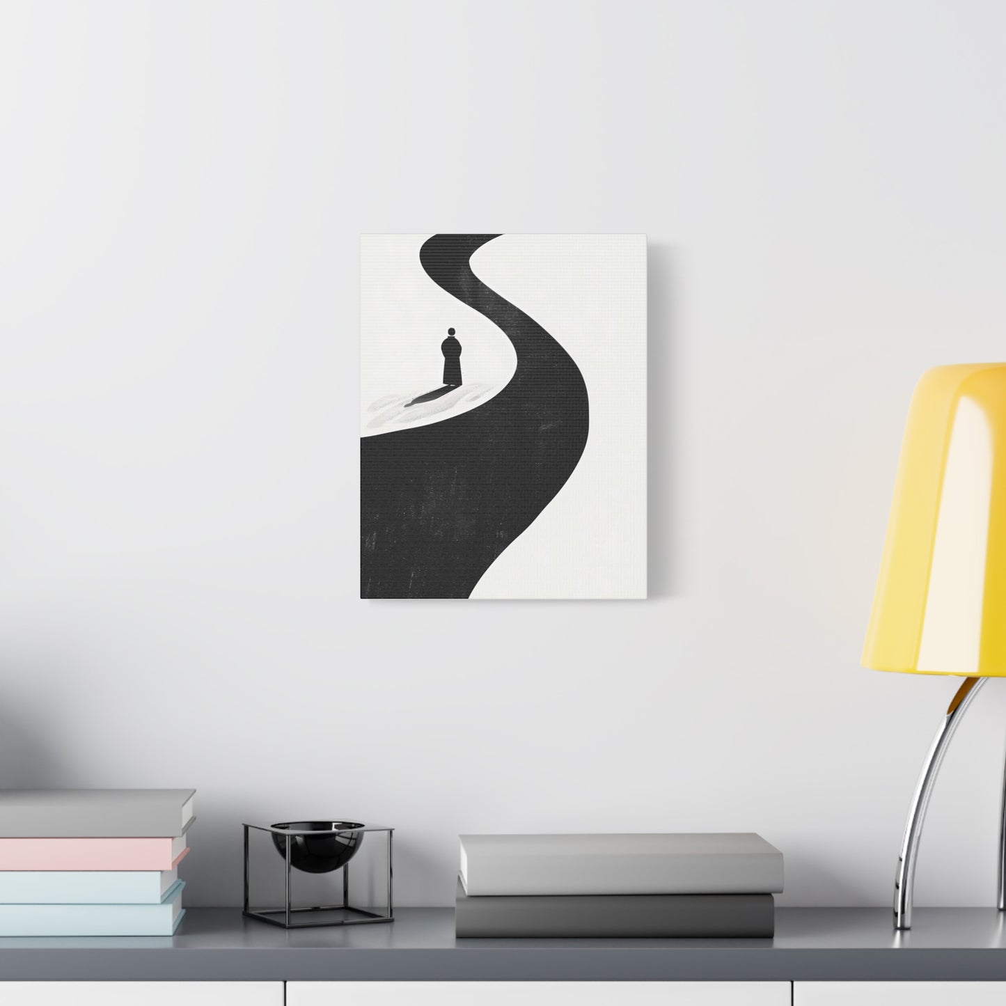 Minimalist Black & White Canvas Art — Solitary Figure on Winding Path