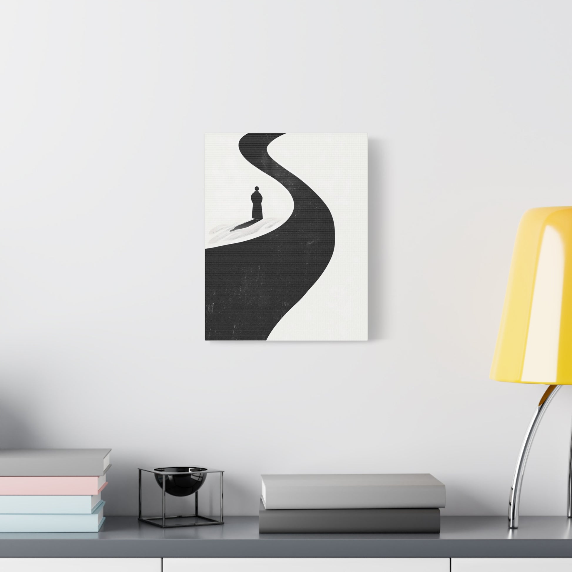 Minimalist Black & White Canvas Art — Solitary Figure on Winding Path