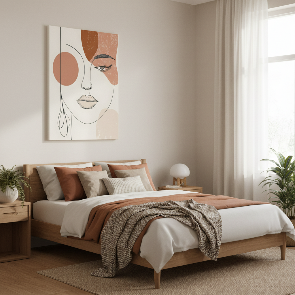Abstract Woman Face Canvas Art – Minimal Line Portrait in Earth Tones
