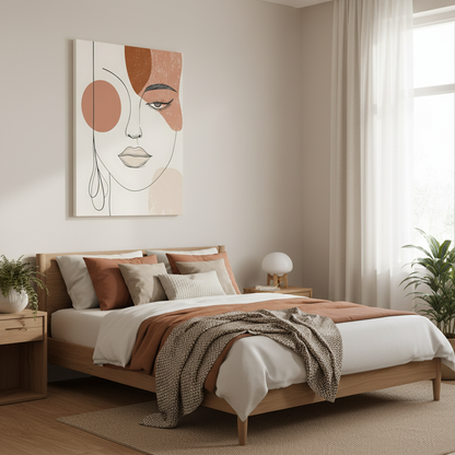 Abstract Woman Face Canvas Art – Minimal Line Portrait in Earth Tones