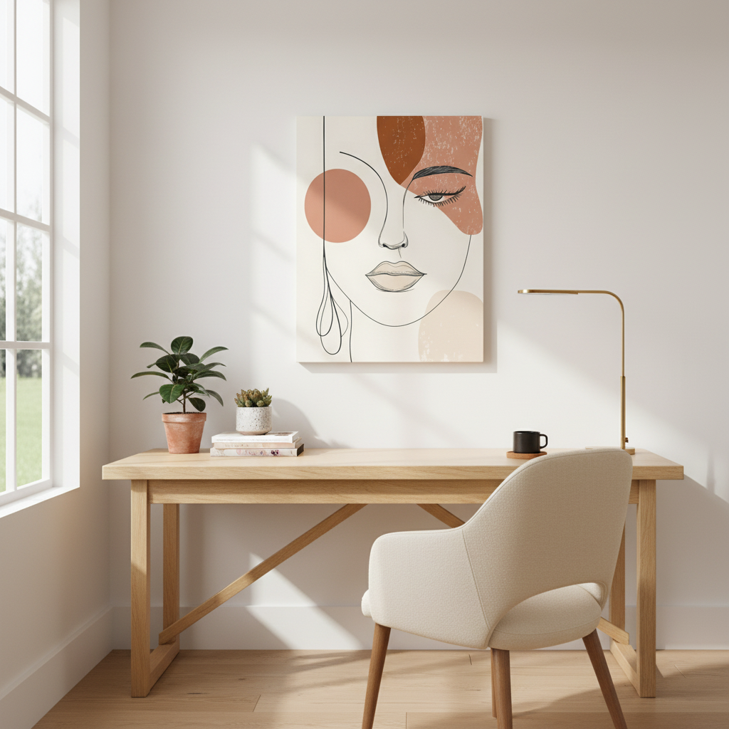 Abstract Woman Face Canvas Art – Minimal Line Portrait in Earth Tones